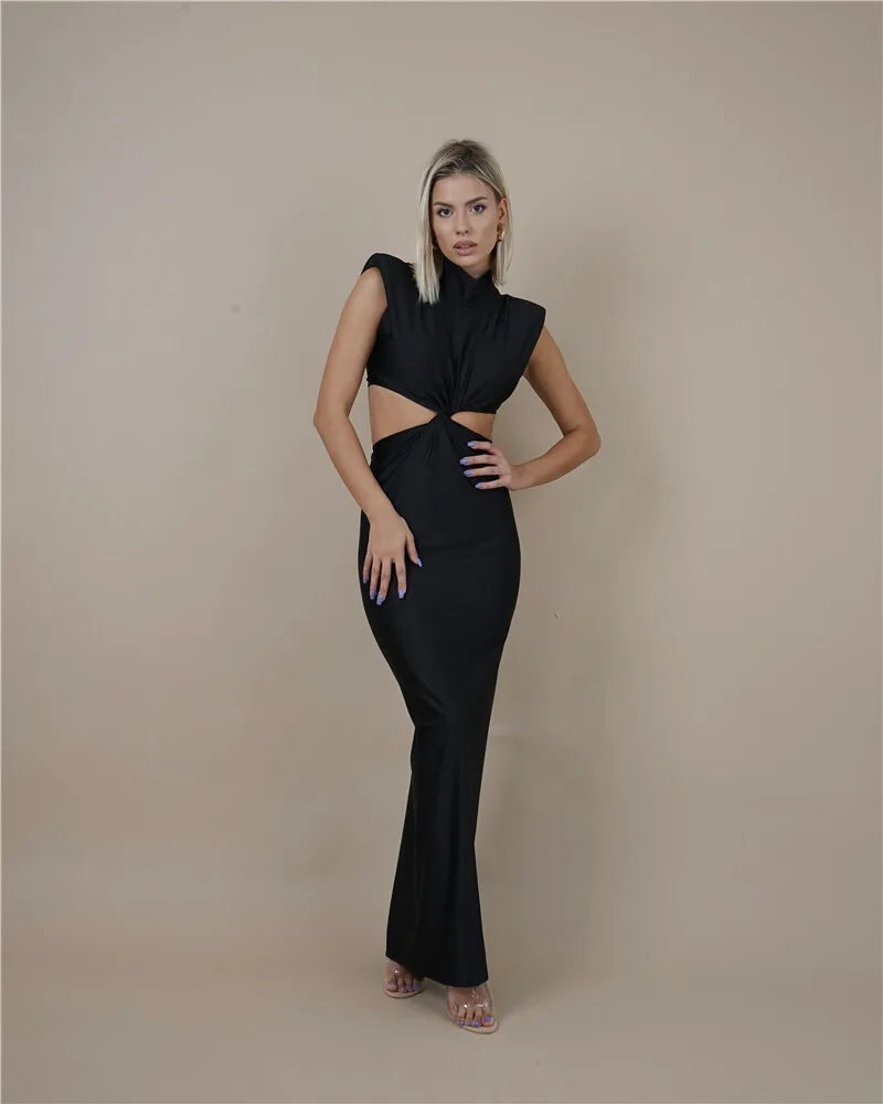 Hollow Out Turtleneck Sexy Maxi Dress For Women Fashion Solid Sleeveless Bodycon Tank Dresses Femme Club Party Dress