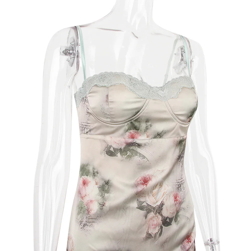 Spaghetti Strap Lace Print Midi Dress For Women Robe Strapless Backless High Waist Bodycon Club Party Long Dress