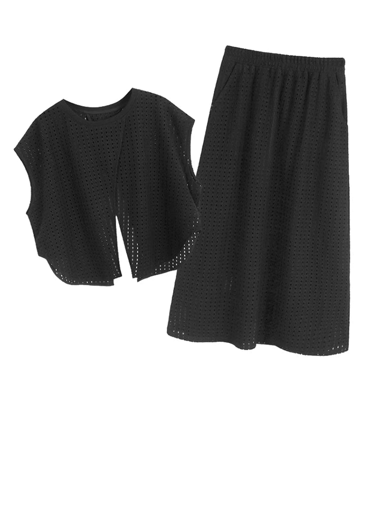 Black Hollow Hollow Out T-shirt Skirt Two Pieces Suit New Round Neck Short Sleeve Women Fashion Spring Summer 2025 1DJ1435