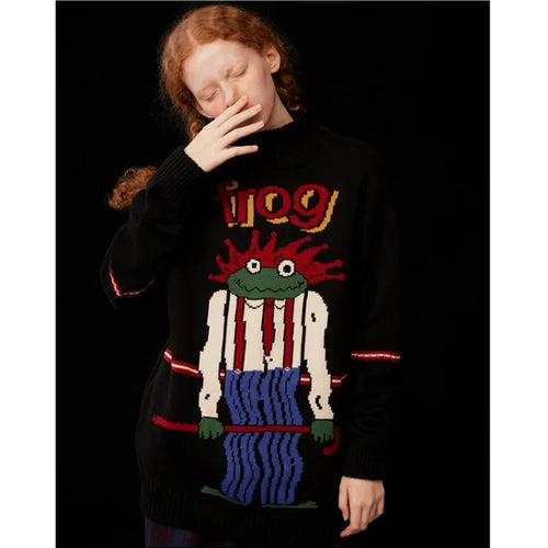 Load image into Gallery viewer, Women&#39;s Cartoon Forg Embroidery Knitted Sweaters 2023 Winter Thick Warm Vintage Jacquard Sweater Knit Pullovers
