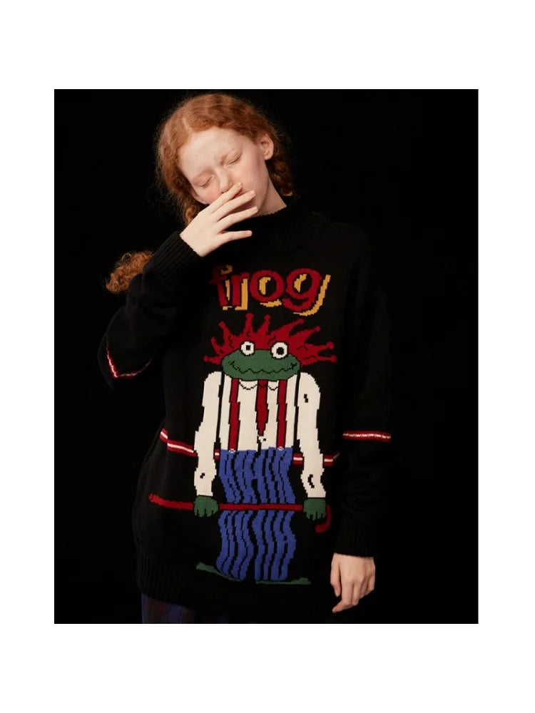 Women's Cartoon Forg Embroidery Knitted Sweaters 2023 Winter Thick Warm Vintage Jacquard Sweater Knit Pullovers