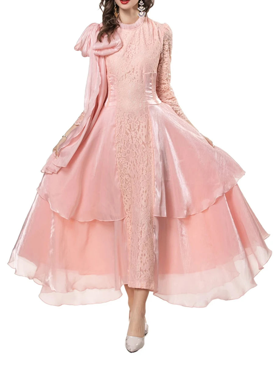 Solid Spliced Lace Up Long Dresses For Women O Neck Long Sleeve High Waist Temperament Dress Female Fashion Style