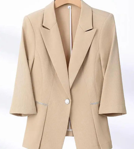 Spring Women Black White Diamond Seven Quarter Sleeve Double Breasted Blazer Coat Blue Khaki Slim Business Office Work Short Top