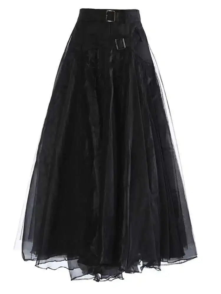 High Waist Khaki Buckle Irregular Mesh Long A-line Half-body Skirt Women Fashion Tide New Spring Autumn 2025 1DH0633