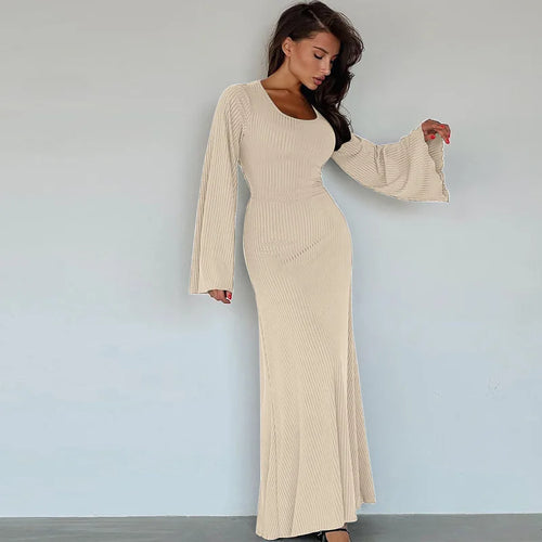 Load image into Gallery viewer, Ribbed Lace-up Long Sleeve Maxi Dress For Women 2023 Autumn Winter New Fashion Solid Bodycon Long Dress Elegant
