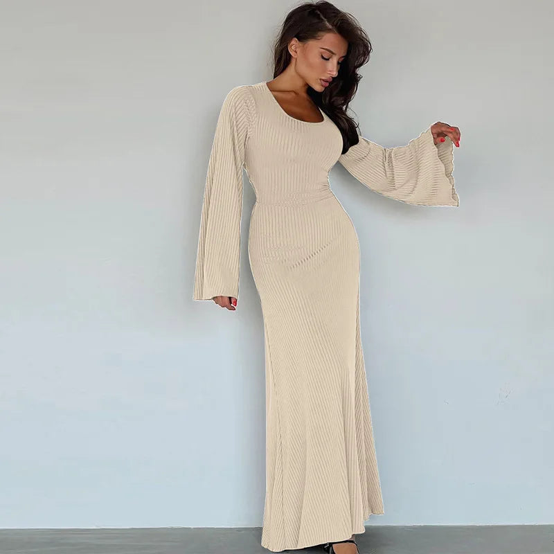 Ribbed Lace-up Long Sleeve Maxi Dress For Women 2023 Autumn Winter New Fashion Solid Bodycon Long Dress Elegant