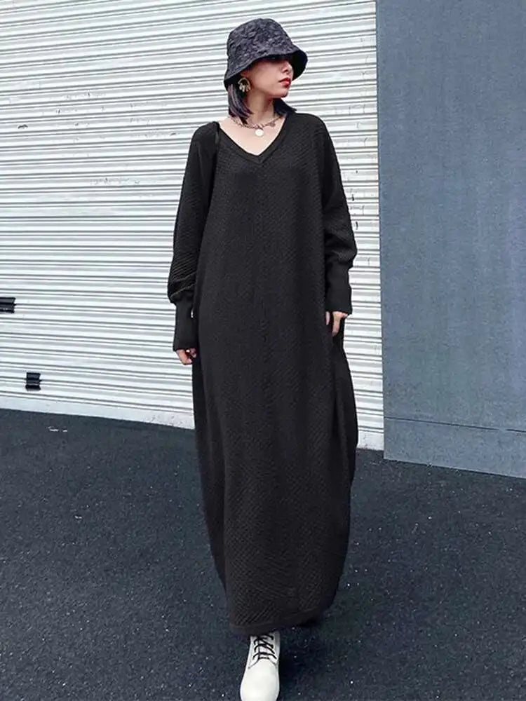 Women Purple Knitting Big Size Casual Long Sweater Dress New V-Neck Long Sleeve Fashion Tide Spring Autumn 2025 1DH7780