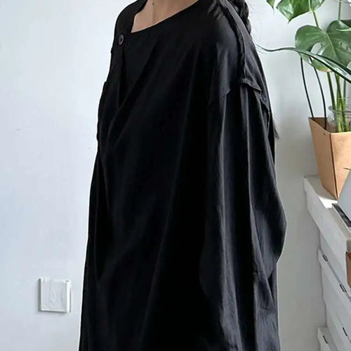 Load image into Gallery viewer, Women Balck Irregular Button Pleated Big Size Thin Blouse New V-neck Long Sleeve Shirt Fashion Spring Autumn 2025 1DJ0300
