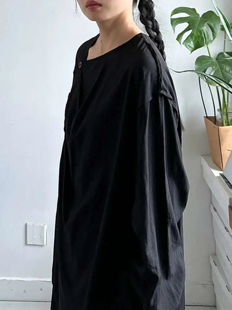 Women Balck Irregular Button Pleated Big Size Thin Blouse New V-neck Long Sleeve Shirt Fashion Spring Autumn 2025 1DJ0300