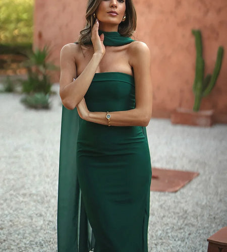 Scarf Collar Strapless Sexy Maxi Dress Women Gown Off-shoulder Sleeveless Backless Bodycon Club Party Long Dress 2025