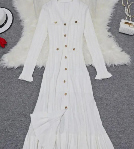 Korean 2024 New Spring Autumn Solid Temperament V-neck Knitted Dresses Women's Elegant Long Sleeve Office Buttons Ruffles Dress