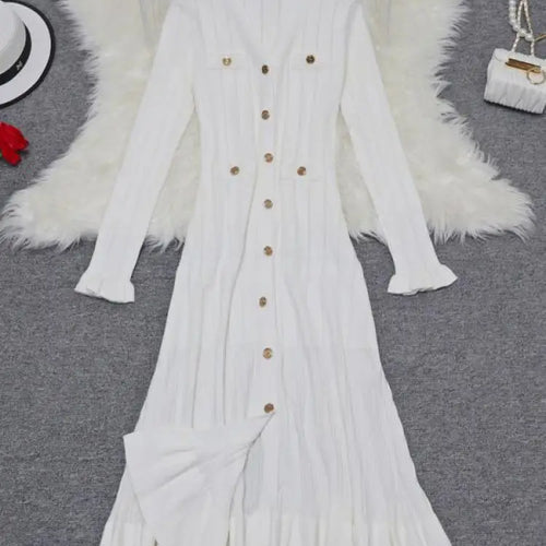 Load image into Gallery viewer, Korean 2024 New Spring Autumn Solid Temperament V-neck Knitted Dresses Women's Elegant Long Sleeve Office Buttons Ruffles Dress
