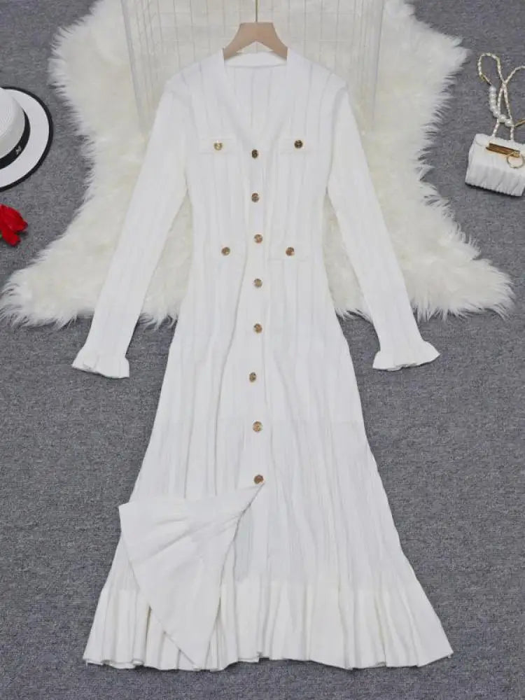 Korean 2024 New Spring Autumn Solid Temperament V-neck Knitted Dresses Women's Elegant Long Sleeve Office Buttons Ruffles Dress