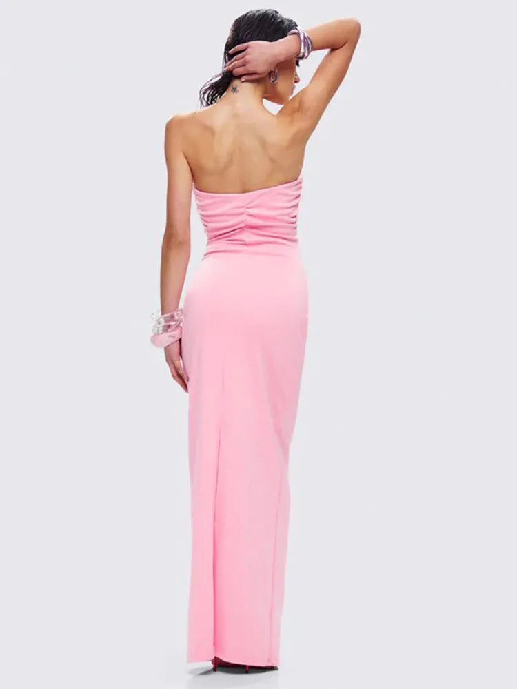 Rose Strapless Sexy Maxi Dress Women Pink Gown Off-shoulder V Neck Backless Sleeveless Bodycon Beach Club Long Dress