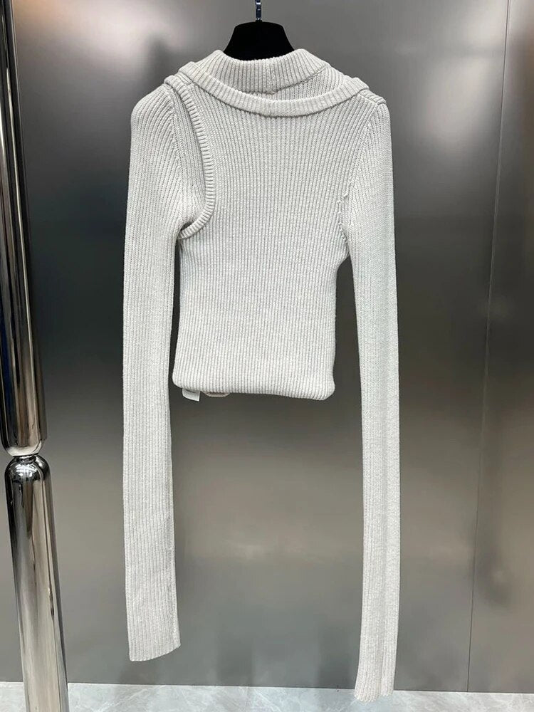 Cut Out Irregular Knitting Sweater For Women Round Neck Sleeveless Solid Minimlaist Pullover Female Clothing
