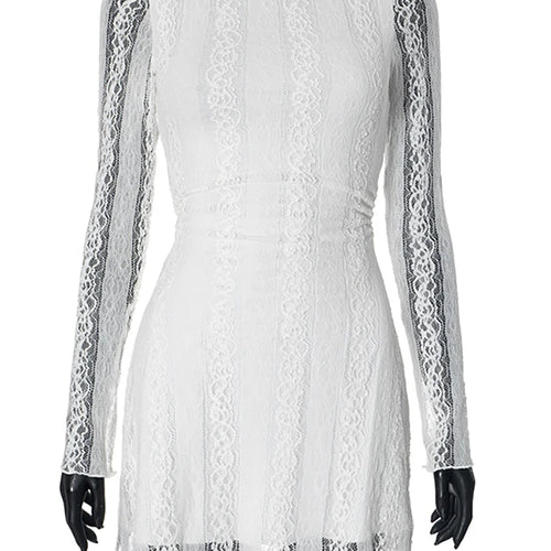 Load image into Gallery viewer, Sexy See Through Double Layer Lace Women Dress White Long Sleeve Round Neck Dress Autumn Slim Elegant Holiday Streetwear
