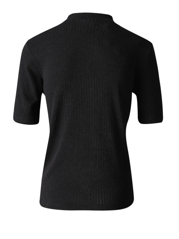 Women Black Gray Knitting Brief Slim Elegant T-shirt New Turtleneck Short Sleeve Fashion Tide Spring Summer 2025 CPG3078