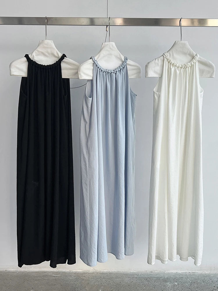 Women White Blue Knot Elegant Big Size Long Vest Dress New Halter Sleeveless Fashion Tide Spring Summer 2025 1DJ1282