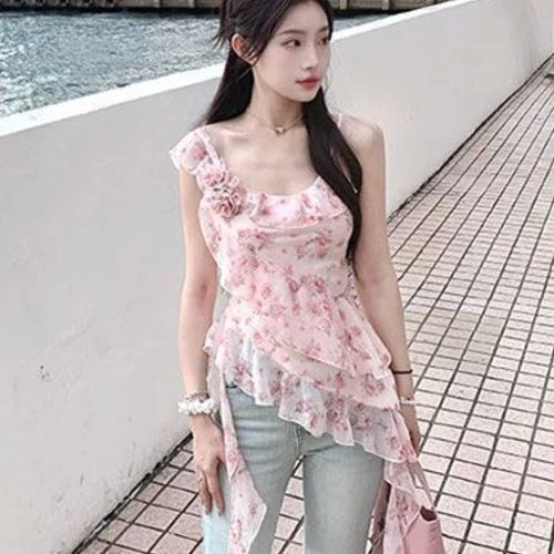 Load image into Gallery viewer, 2025 Shirts for Women Irregular Ruffles Tshirt Y2k Aesthetic One Shoulder Print Tops Summer Harajuku 3D Flower Grunge T-shirts
