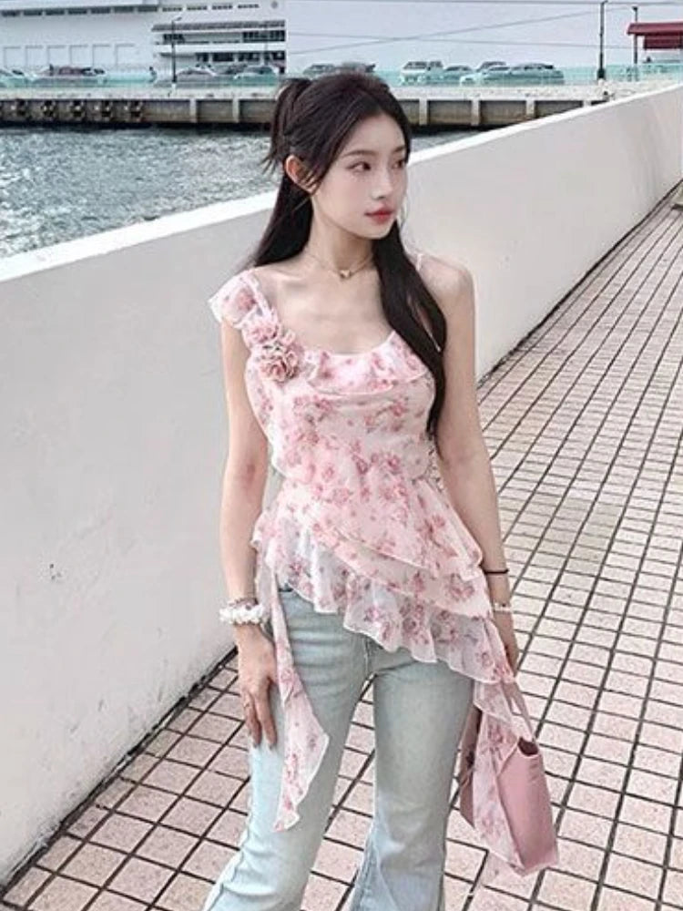 2025 Shirts for Women Irregular Ruffles Tshirt Y2k Aesthetic One Shoulder Print Tops Summer Harajuku 3D Flower Grunge T-shirts