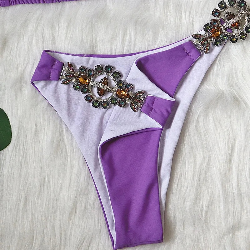 Brazilian Bikini 2024 Halter Luxury Colored Diamonds Swimsuit Sexy Push Up Swimwear Women Two Pieces Bathing Suit