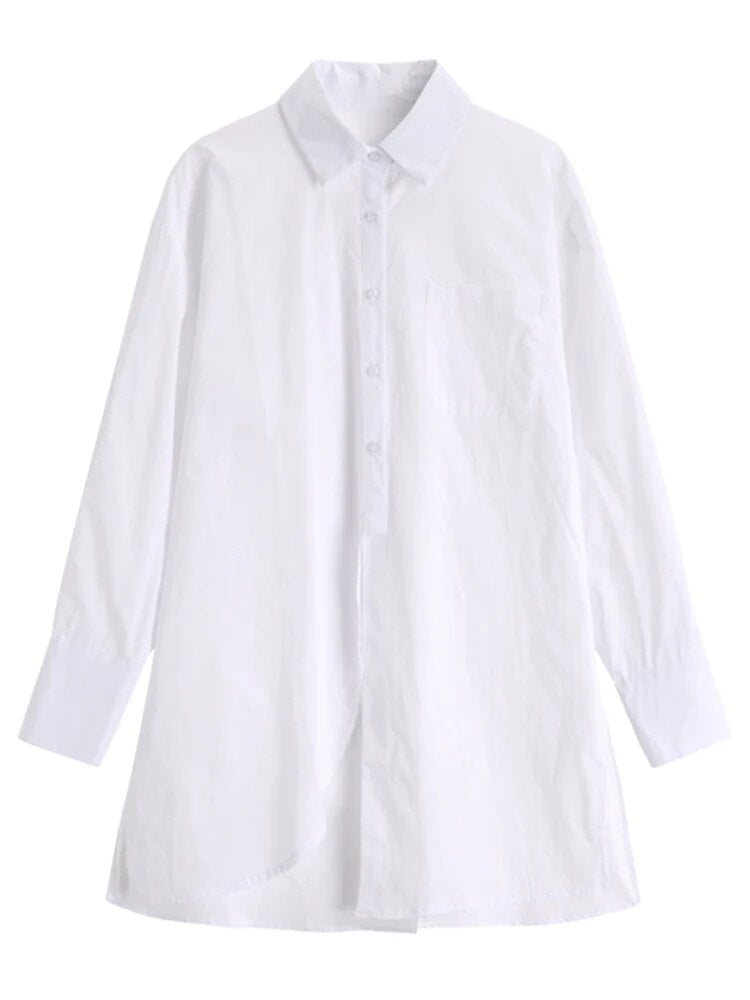 Solid Minimalist Blouses For Women Lapel Long Sleeve Patchwork Pocket Irregular Casual Shirt Female Clothing