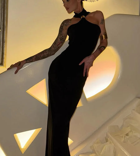 Turtleneck Off-shoulder Sexy Knit Maxi Dress For Women Gown Metal Buckle Strapless Sleeveless High Waist Knitted Dress