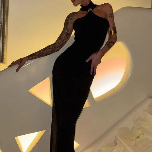 Load image into Gallery viewer, Turtleneck Off-shoulder Sexy Knit Maxi Dress For Women Gown Metal Buckle Strapless Sleeveless High Waist Knitted Dress
