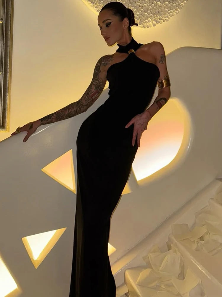 Turtleneck Off-shoulder Sexy Knit Maxi Dress For Women Gown Metal Buckle Strapless Sleeveless High Waist Knitted Dress