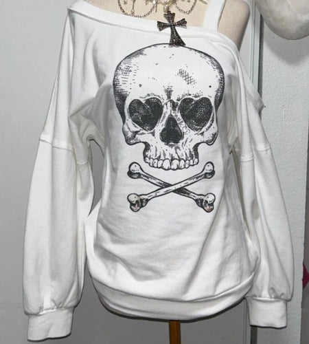 Streetwear Sweatshirts Women Clothing Vintage Skull Print Y2k Tops 2024 Ropa Mujer Off Shoulder Fashion Casual Oversized Hoodies