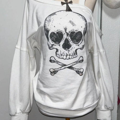 Load image into Gallery viewer, Streetwear Sweatshirts Women Clothing Vintage Skull Print Y2k Tops 2024 Ropa Mujer Off Shoulder Fashion Casual Oversized Hoodies

