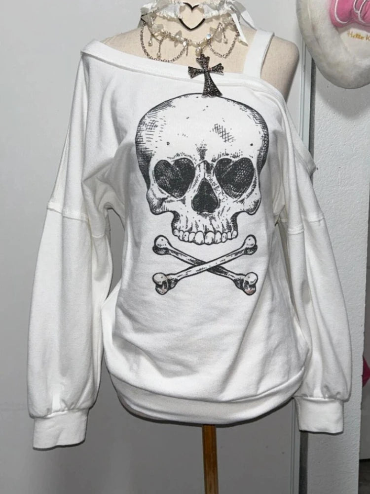 Streetwear Sweatshirts Women Clothing Vintage Skull Print Y2k Tops 2024 Ropa Mujer Off Shoulder Fashion Casual Oversized Hoodies