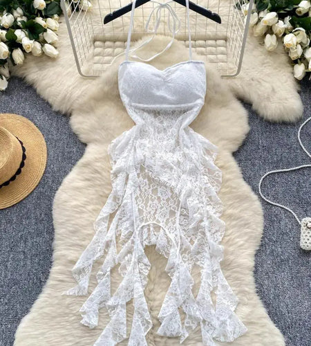 Retro Black White Elegant Ruffles Halter Lace-up Irregular Lace Long Dress Women Summer New Beige Sleeveless Evening Party Dress