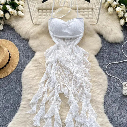 Load image into Gallery viewer, Retro Black White Elegant Ruffles Halter Lace-up Irregular Lace Long Dress Women Summer New Beige Sleeveless Evening Party Dress
