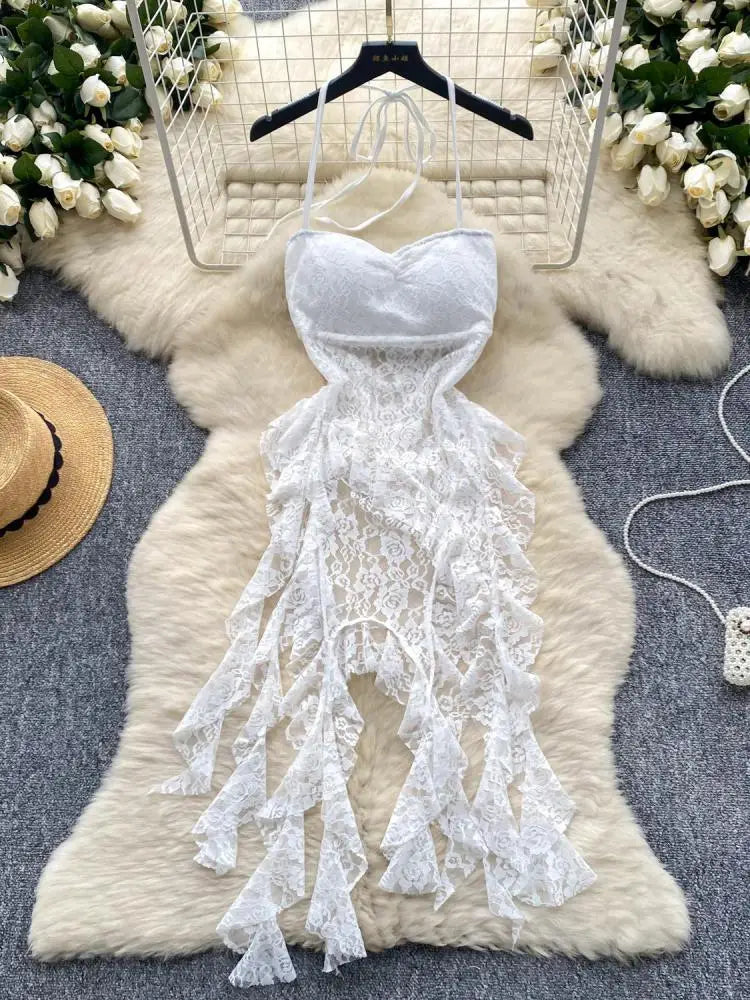 Retro Black White Elegant Ruffles Halter Lace-up Irregular Lace Long Dress Women Summer New Beige Sleeveless Evening Party Dress
