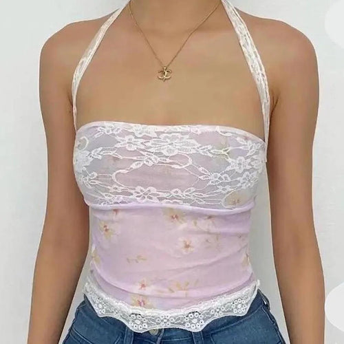 Load image into Gallery viewer, Sweet Korean Strapless Summer Mini Tube Top Cute Coquette Printed Lace Patchwork Holidays Crop Tops Women Tie-Up Cute
