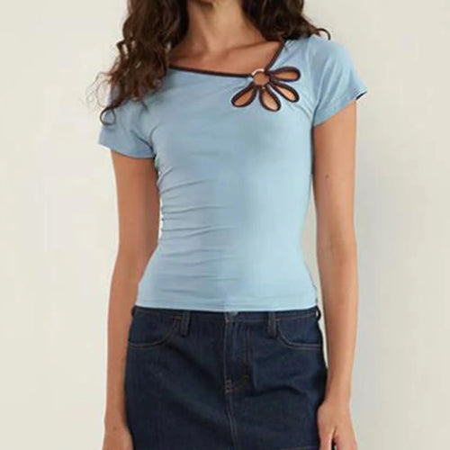 Load image into Gallery viewer, y2k Aesthetic Tops Women Summer Vest Hollowed Flower Slanted Collar Short Sleeve T Shirts 2000s Clothing Streetwear
