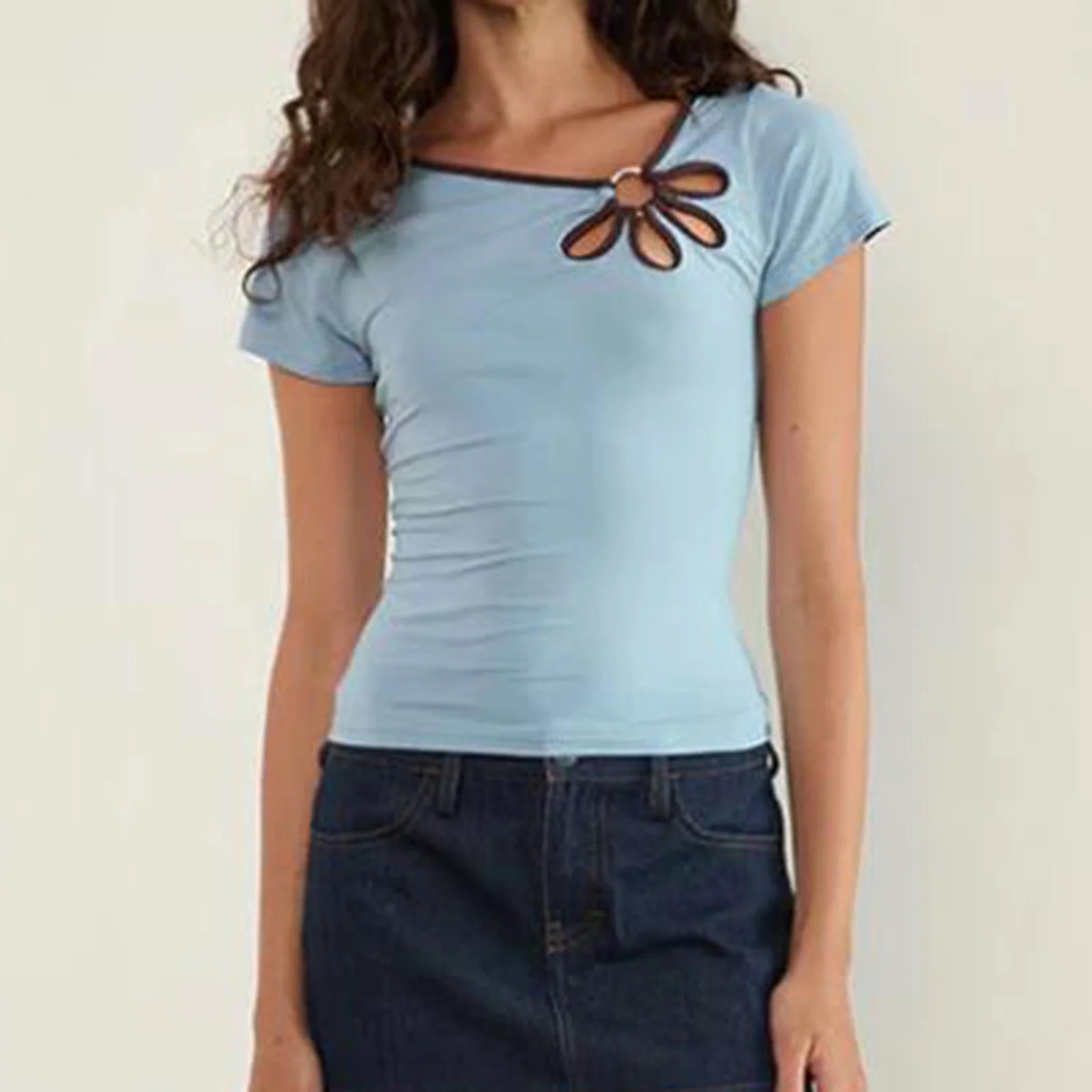 y2k Aesthetic Tops Women Summer Vest Hollowed Flower Slanted Collar Short Sleeve T Shirts 2000s Clothing Streetwear