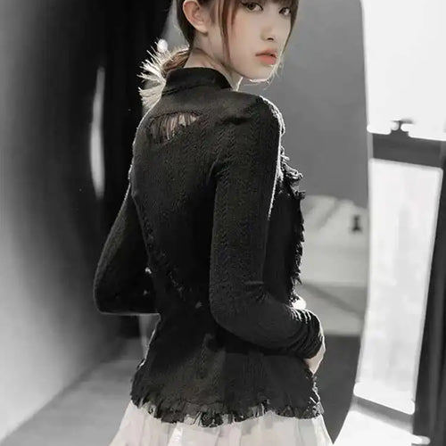 Load image into Gallery viewer, Black Lace Irregular Knitting Cardigan Sweater Stand Collar Long Sleeve Women New Fashion Tide Spring Autumn 2025 1DF5704
