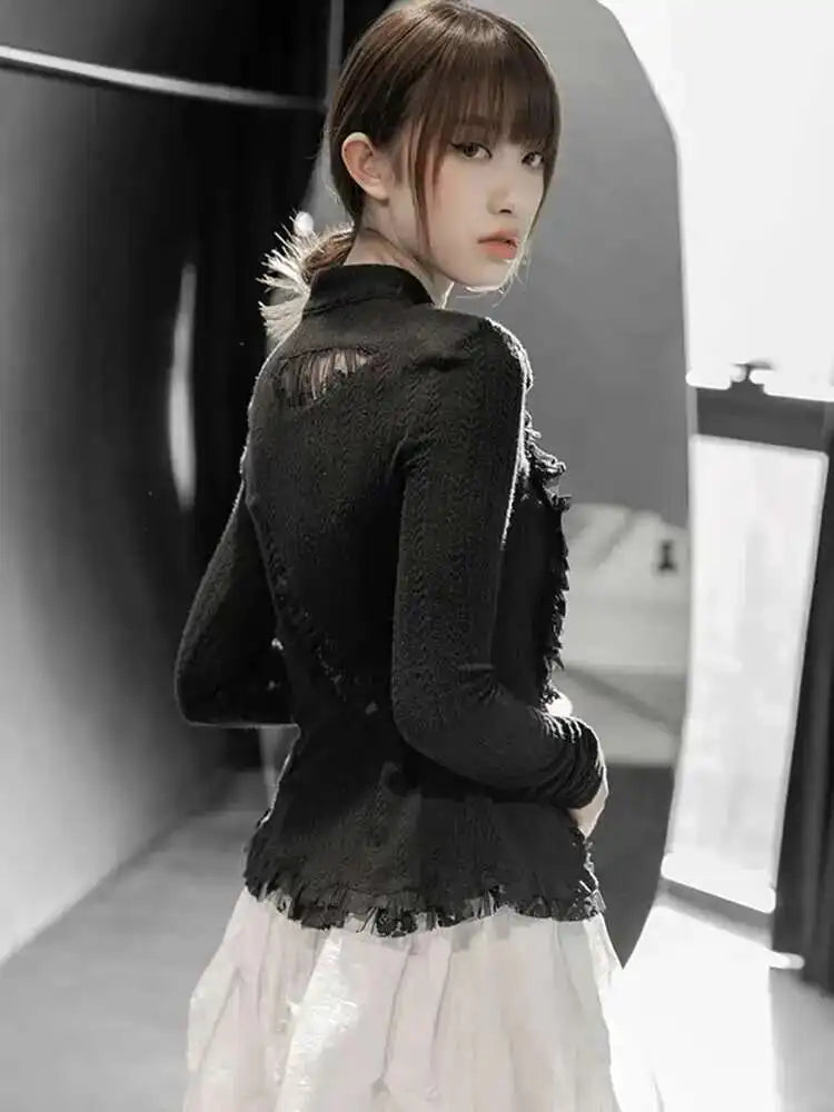 Black Lace Irregular Knitting Cardigan Sweater Stand Collar Long Sleeve Women New Fashion Tide Spring Autumn 2025 1DF5704