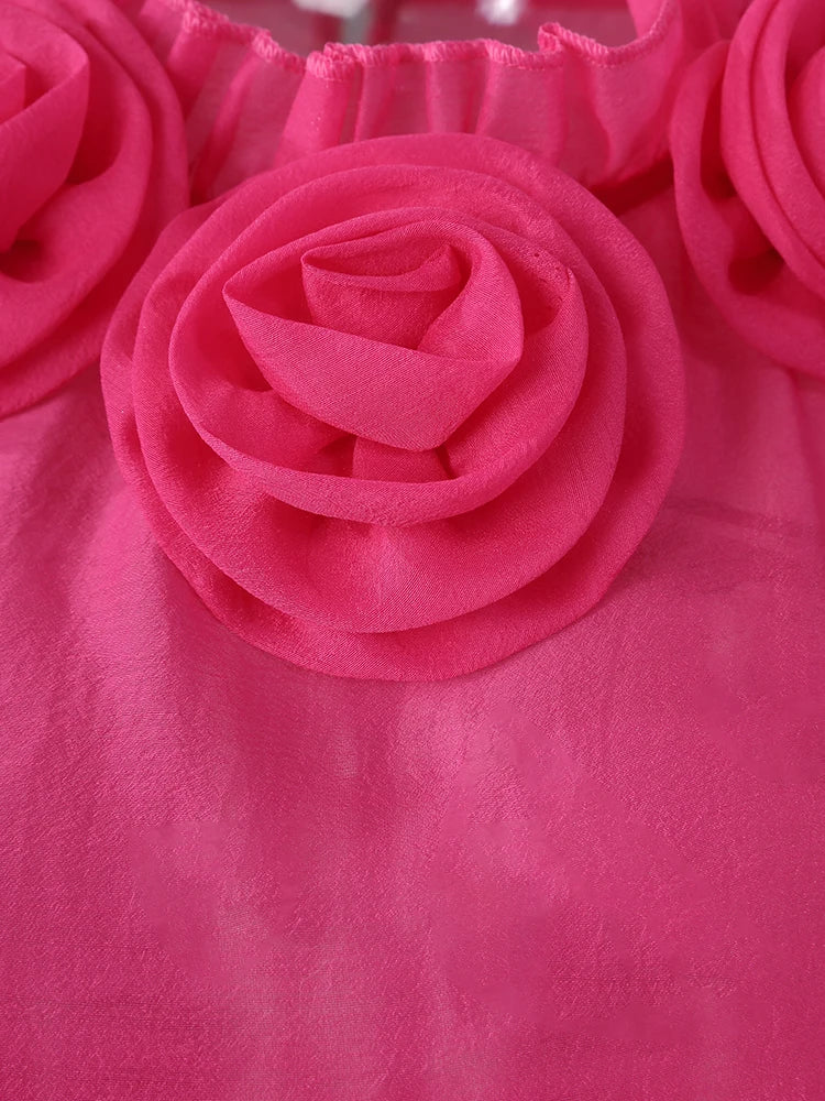 Women Rose Red Mesh Flower Big Size Mini Dress New Stand Collar Long Sleeve Fashion Tide Spring Autumn 2025 CPG3051