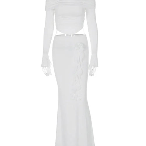 Load image into Gallery viewer, Winter New Sexy Long Sleeved Half Skirt Set For Woman 3D Flower Slim Tight Long Skirt Party Evening Dress Two Piece Set
