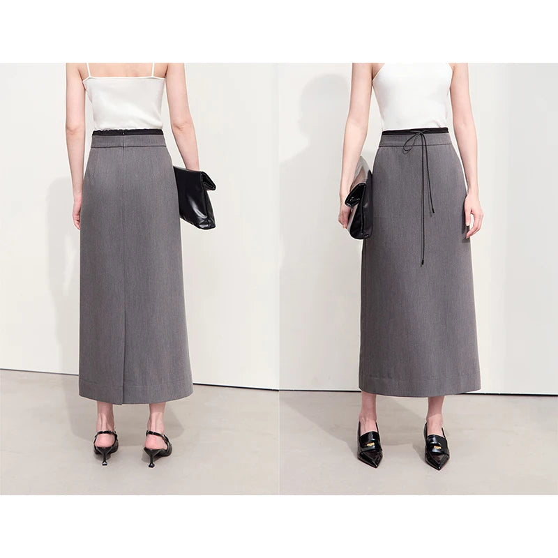 Minimalism Skirts For Women 2024 Autumn New Commuter Contrast Stitching With Waist Rope Lady Split Straight Skirt 12443027