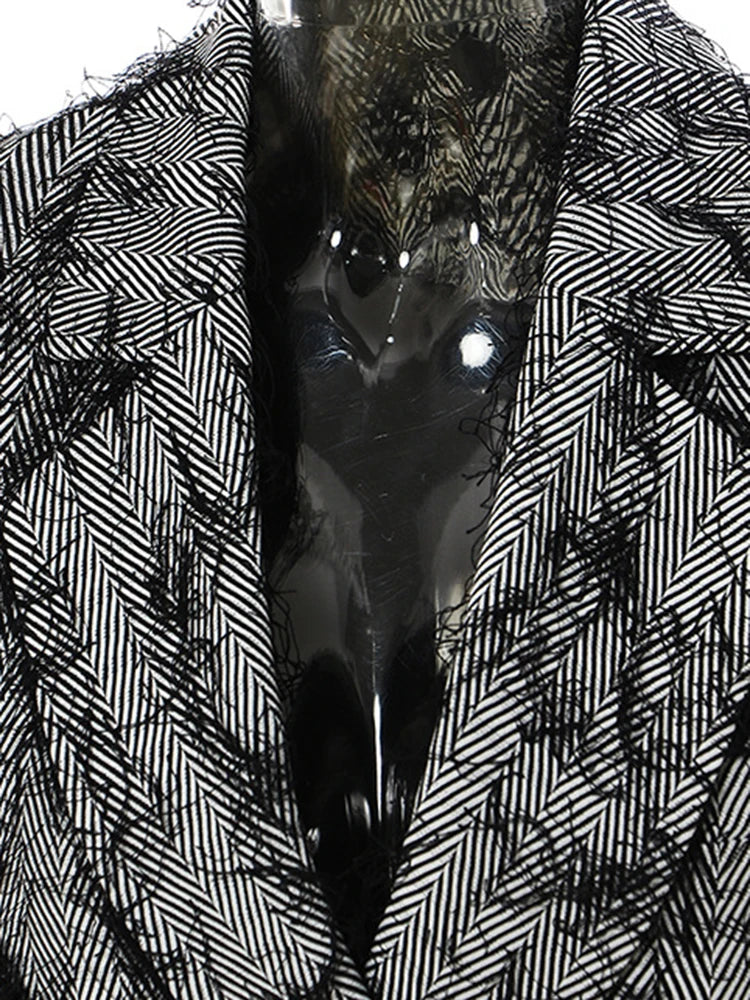 Women Black Color-block Tassels Big Size Blazer New Lapel Long Sleeve Loose Fit Jacket Fashion Spring Autumn 2025 1DH2129