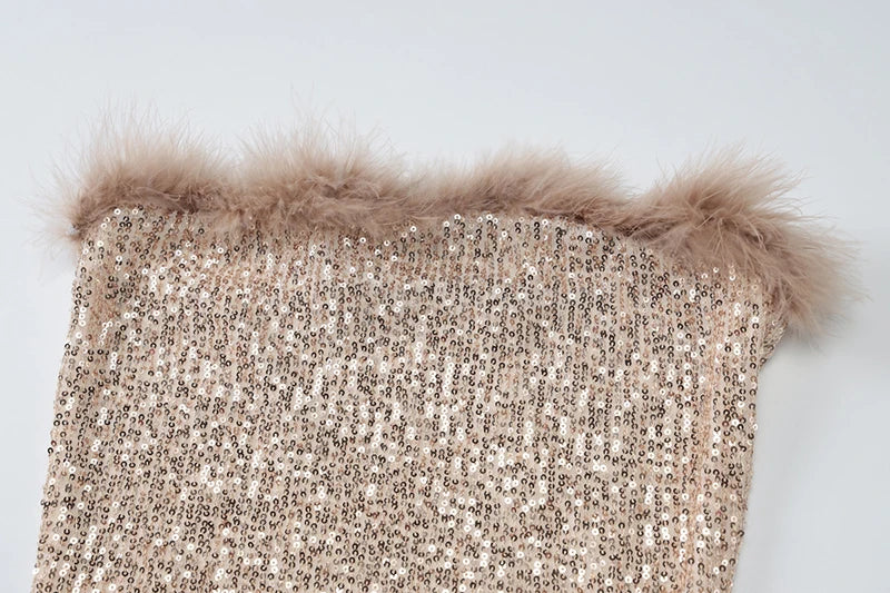Sequins Off-shoulder Sexy Mini Dress For Women Fashion Strapless Feather Backless Bodycon Club Party Sparkle Dress