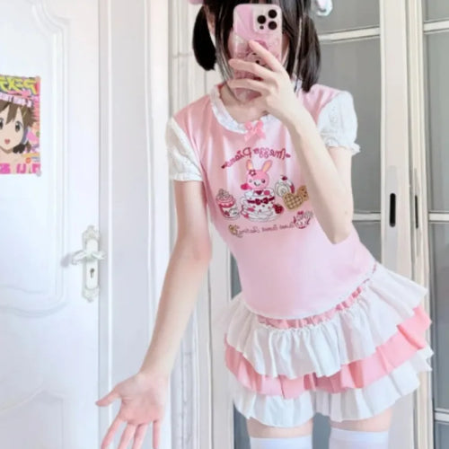 Load image into Gallery viewer, Japanese Kawaii Cartoon Embroidery Y2k Tops Aesthetic Fairy Cute Bow T-shirt Women Harajuku Summer Lace Patchwork Graphic Tees
