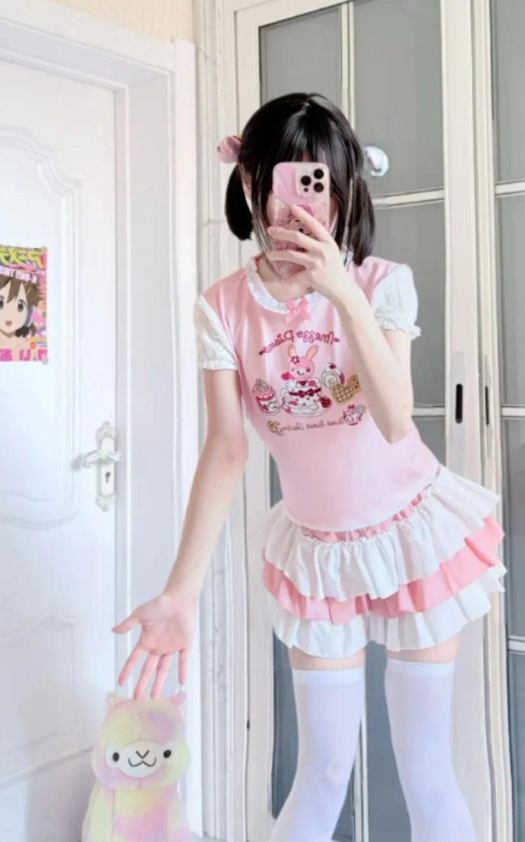 Japanese Kawaii Cartoon Embroidery Y2k Tops Aesthetic Fairy Cute Bow T-shirt Women Harajuku Summer Lace Patchwork Graphic Tees