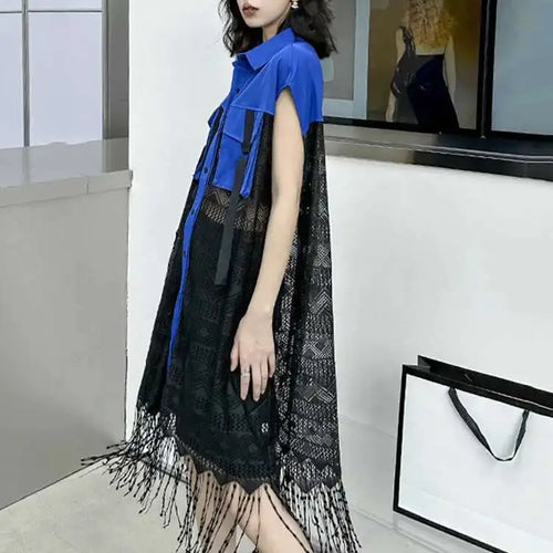 Load image into Gallery viewer, Women Army Green Lace Perspective Tassels Midi Shirt Dress New Lapel Sleeveless Fashion Tide Spring Summer 2025 1DH4540
