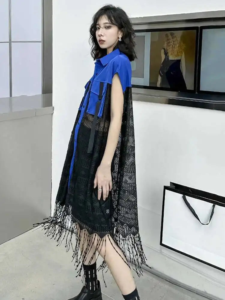 Women Army Green Lace Perspective Tassels Midi Shirt Dress New Lapel Sleeveless Fashion Tide Spring Summer 2025 1DH4540