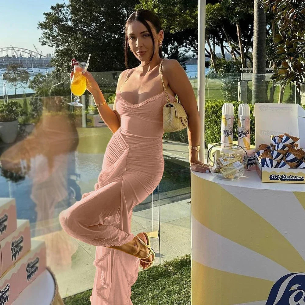 Irregular Mesh Party Dresses 2024 New Arrivals Spaghetti Strap Bodycon Dress Fashion Ruched Long Dress Women